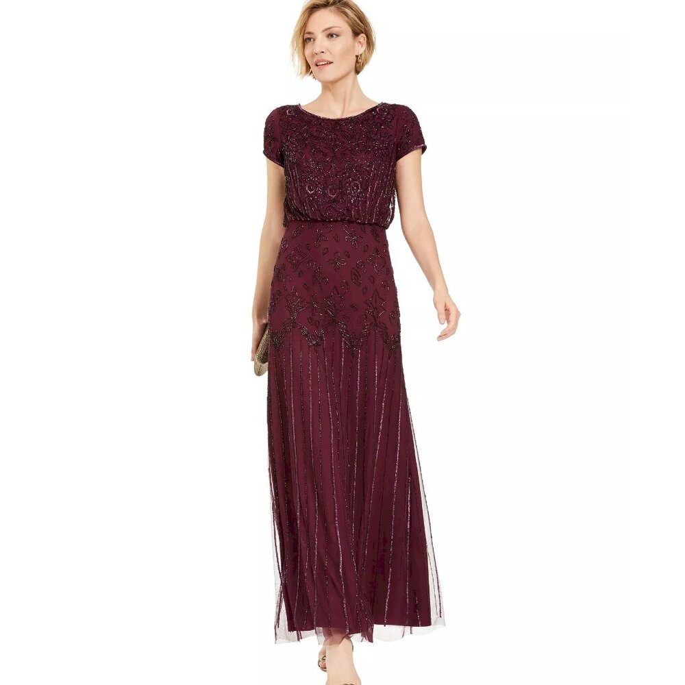 Adrianna Papell Plum Beaded Short-Sleeve Maxi Gown Size 6 Missing Sequins NWT
